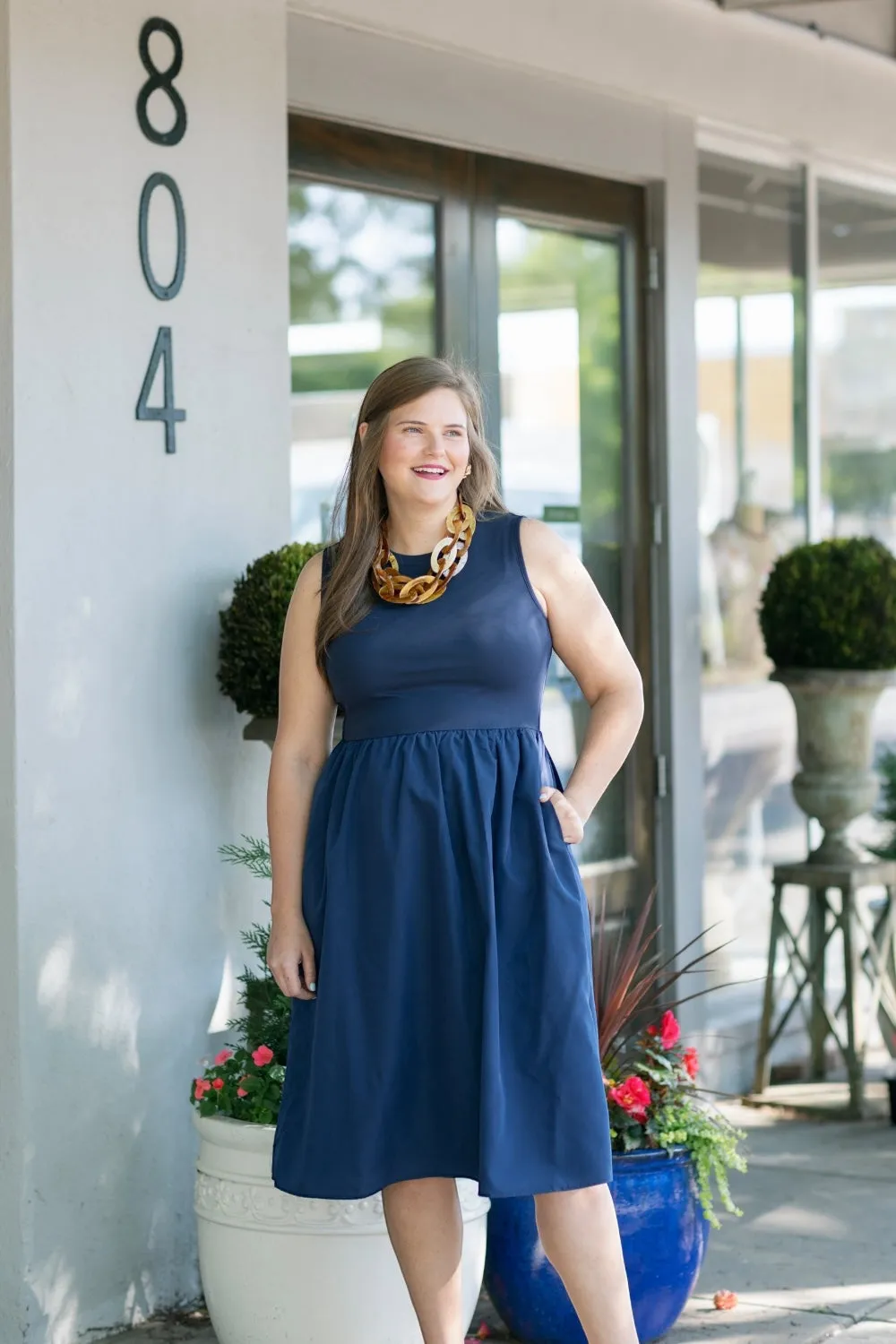 Melinda Navy Mixed Media Midi Dress