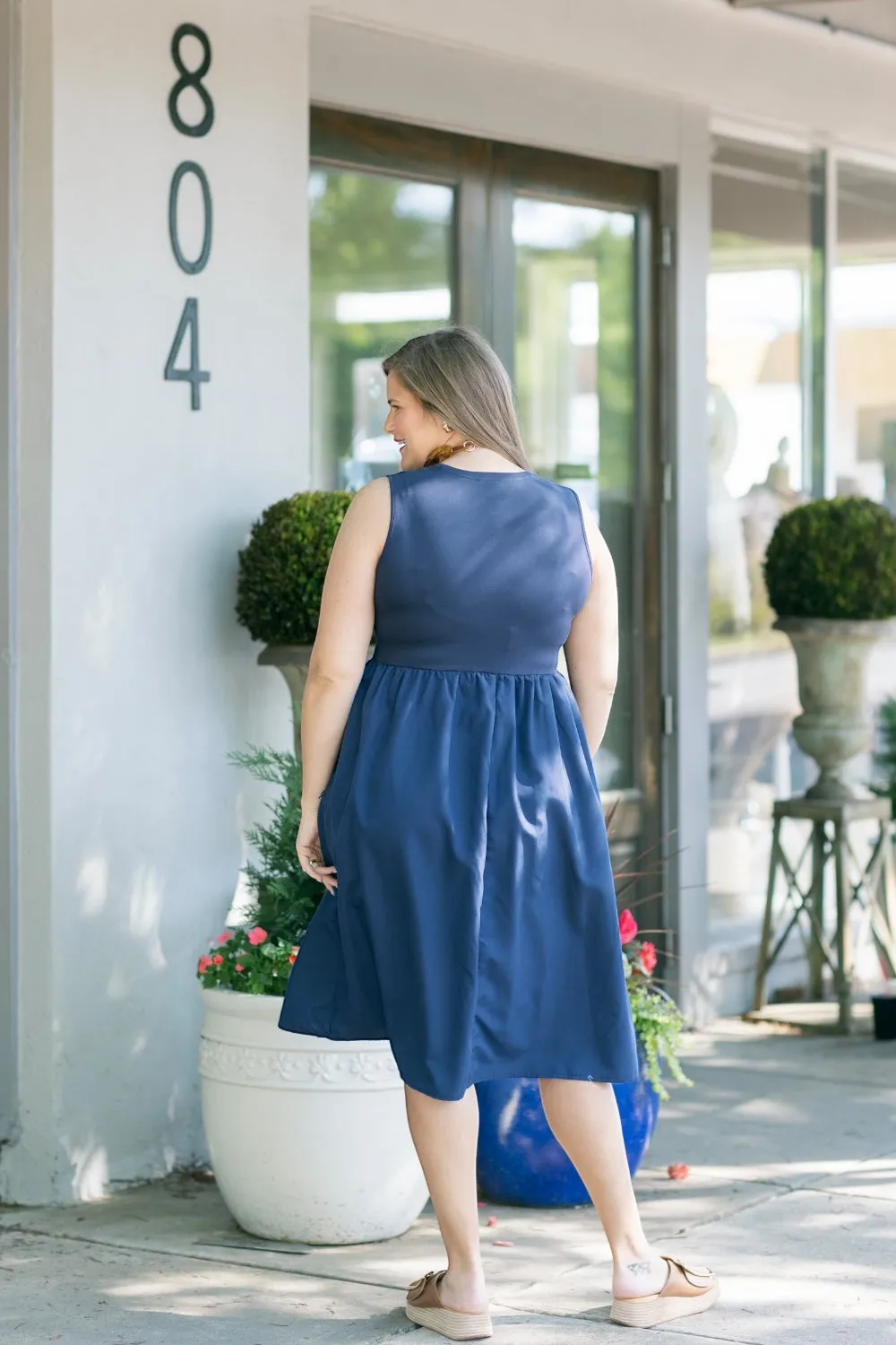 Melinda Navy Mixed Media Midi Dress