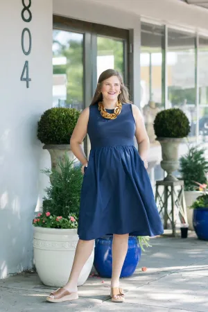 Melinda Navy Mixed Media Midi Dress