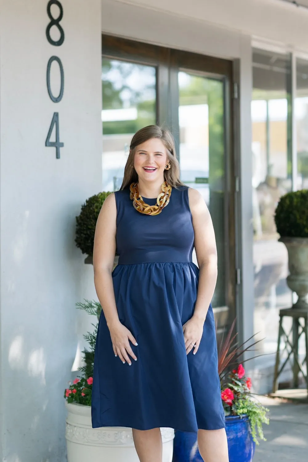 Melinda Navy Mixed Media Midi Dress