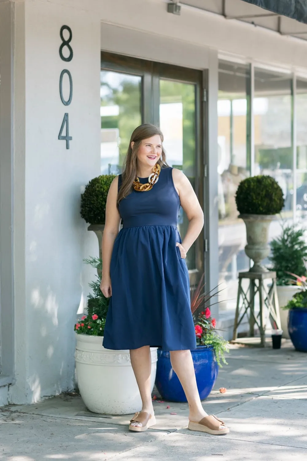 Melinda Navy Mixed Media Midi Dress