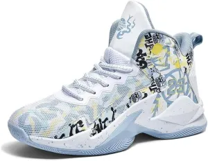 Men's Basketball Shoes with Breathable Non Slip Mesh High Cut Comfortable Sports Training Boots(White Grey,8.5)