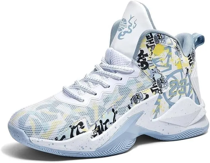 Men's Basketball Shoes with Breathable Non Slip Mesh High Cut Comfortable Sports Training Boots(White Grey,8.5)