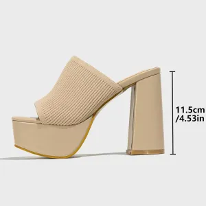 NELSBREXWomen'S Knitted Peep Toe Platform Chunky High Heel Slide Sandals Slip-On Square Open Toe Non-Slip Block High Heeled Backless Sexy Party Dress Mules Slippers for Club Events Prom
