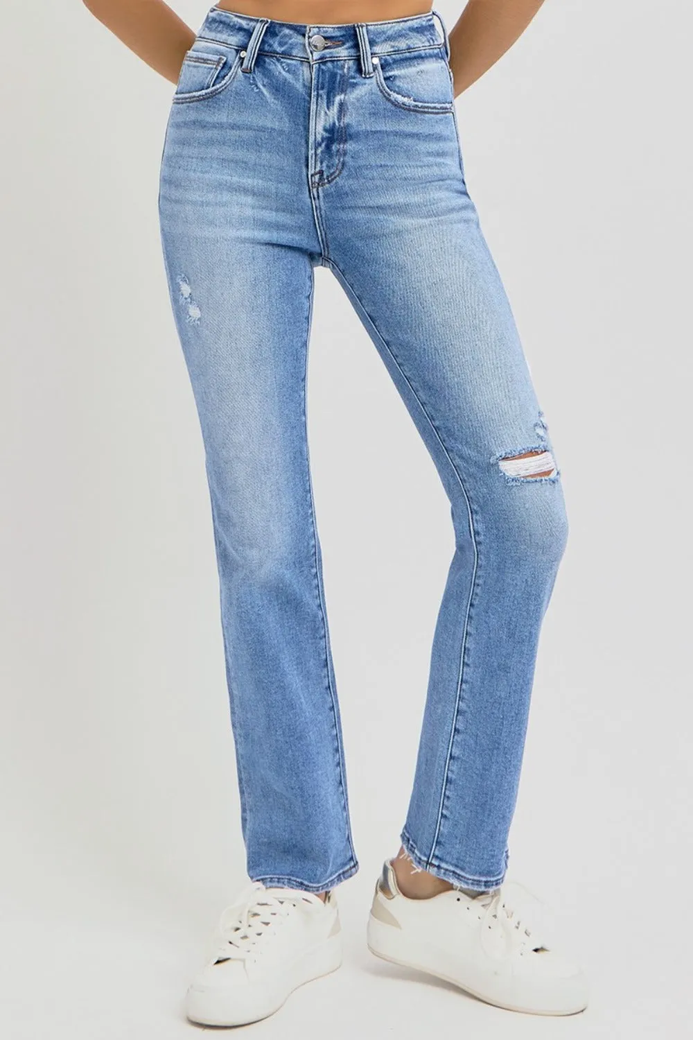 RISEN Candy Distressed High-Rise Ankle Straight Jeans