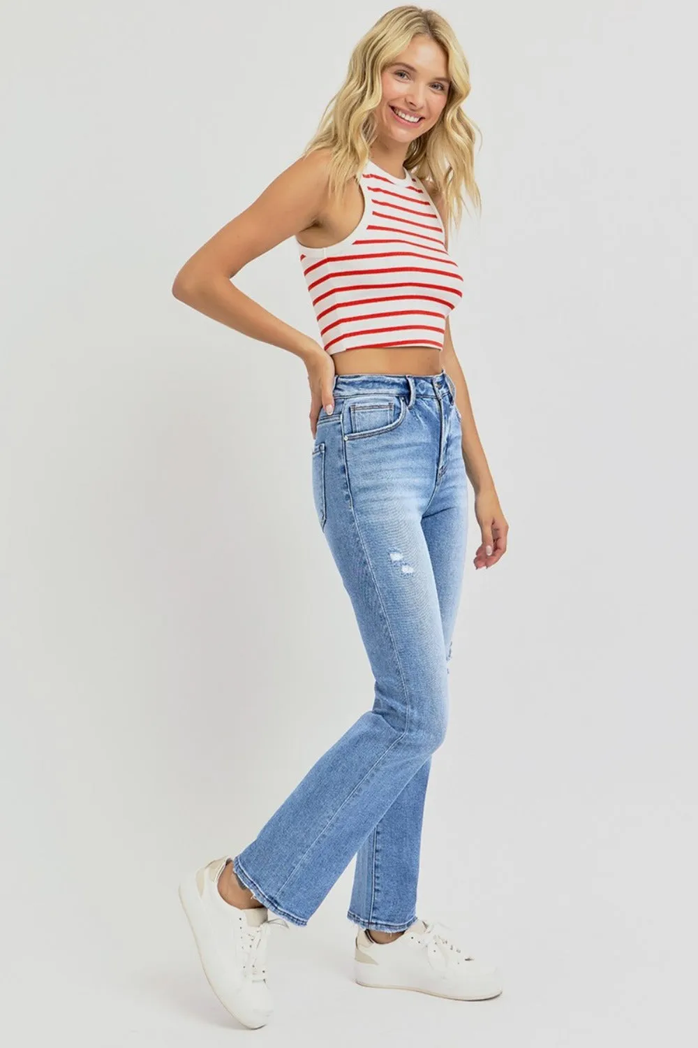 RISEN Candy Distressed High-Rise Ankle Straight Jeans
