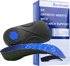 RooRuns Orthotic Inserts 3/4 Length, High Arch Support Foot Insoles for Over-Pronation Plantar Fasciitis Flat Feet Heel Pain Relief Shoe Inserts for Running Sports,S(Men 5-6/Women 6-7)