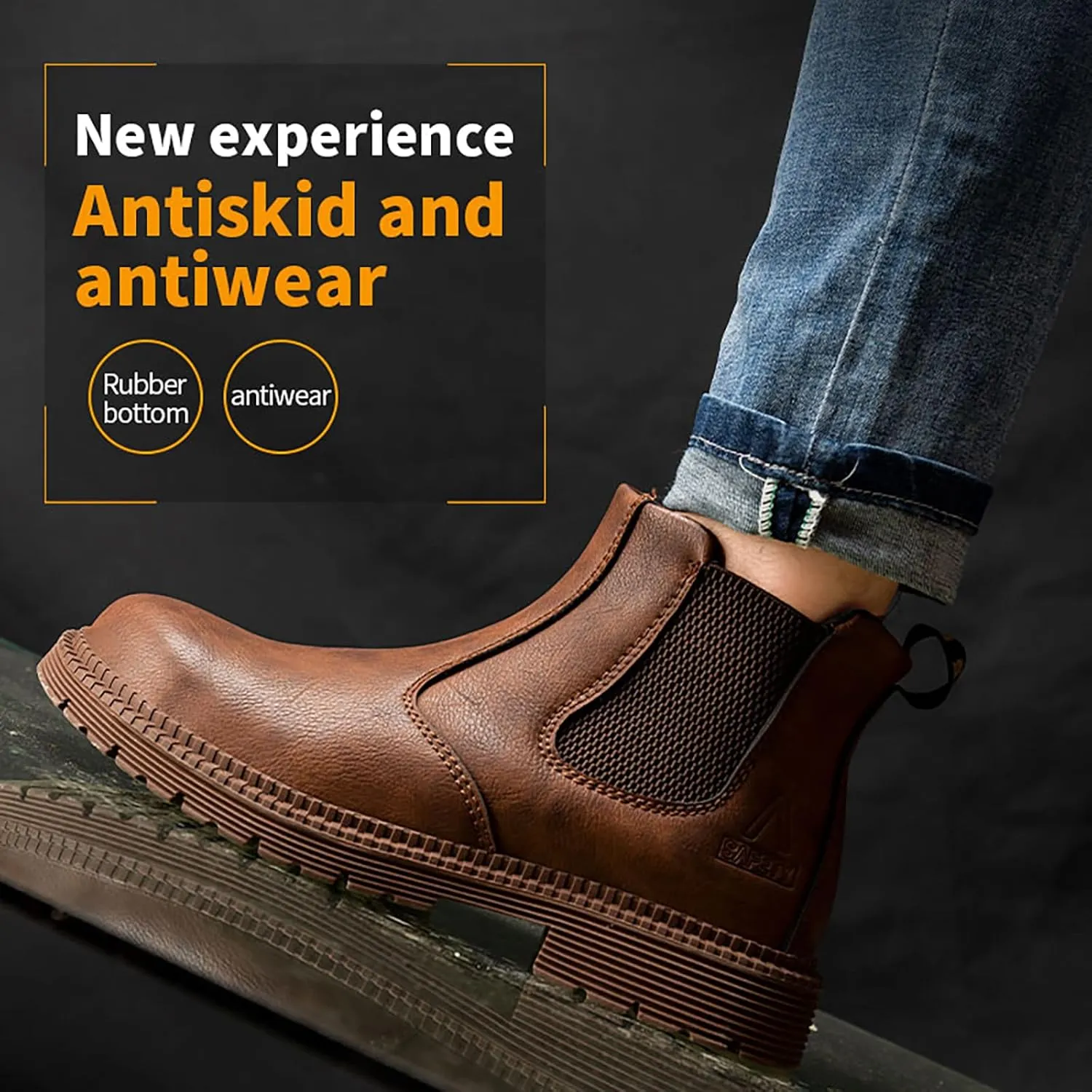 Steel Toe Work Boots for Men Slip-On Chelsea Boot, Men's Industrial & Construction Shoes, Waterproof, Lightweight, Comfortable, Non-Slip Safety Shoes