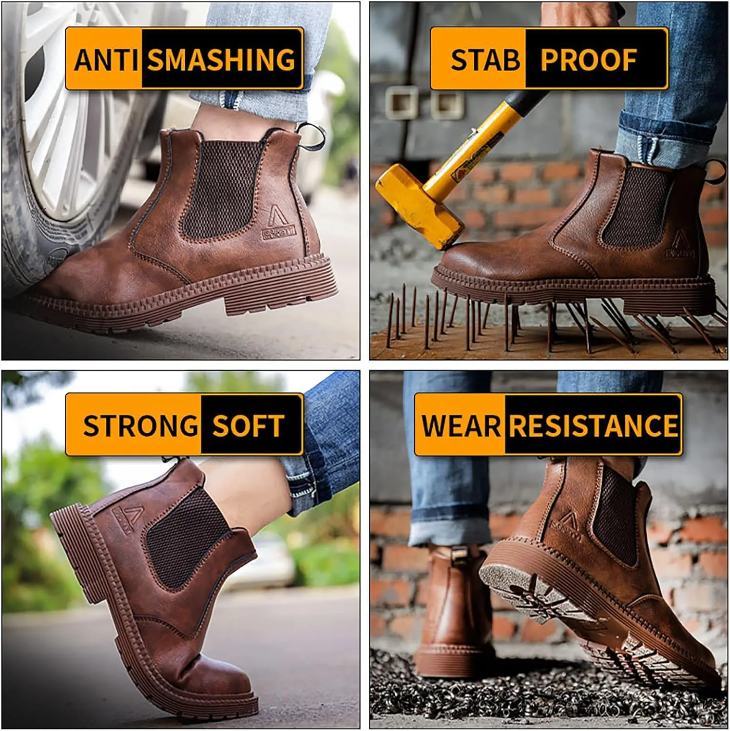 Steel Toe Work Boots for Men Slip-On Chelsea Boot, Men's Industrial & Construction Shoes, Waterproof, Lightweight, Comfortable, Non-Slip Safety Shoes