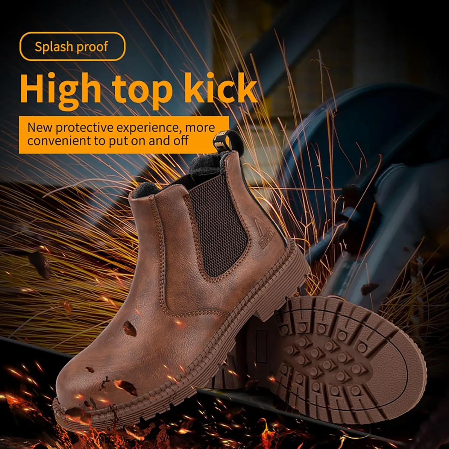 Steel Toe Work Boots for Men Slip-On Chelsea Boot, Men's Industrial & Construction Shoes, Waterproof, Lightweight, Comfortable, Non-Slip Safety Shoes
