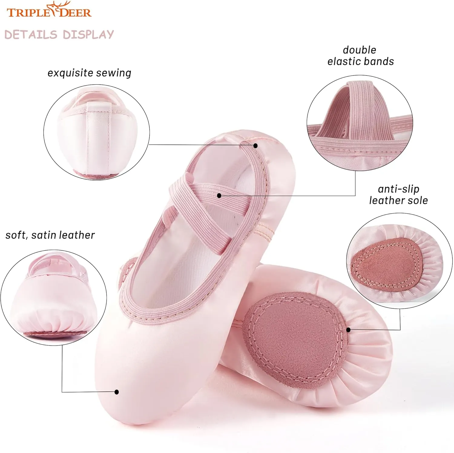 TRIPLE DEER Ballet Shoes for Girls, Satin Dance Practice Slippers Split Soft Leather Flat Sole Yoga Gymnastics Shoes (Toddler/Little/Big Kid)