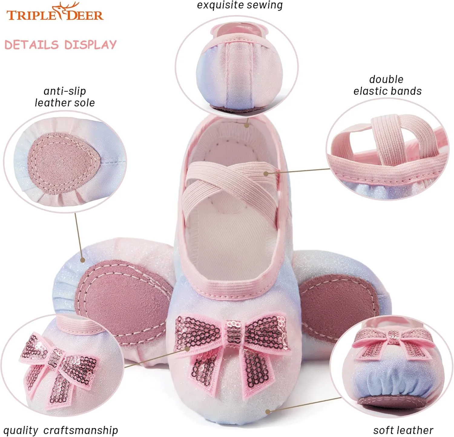 TRIPLE DEER Ballet Shoes for Girls, Satin Dance Practice Slippers Split Soft Leather Flat Sole Yoga Gymnastics Shoes (Toddler/Little/Big Kid)