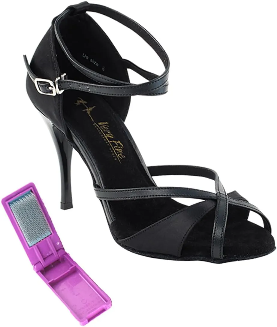 Very Fine Dance Shoes - Ladies Latin, Rhythm, Salsa, Waltz Ballroom Dance Shoes - 2829LEDSS - 3.5-inch Heel and Foldable Brush Bundle - Black Satin - Black Trim - 6.5