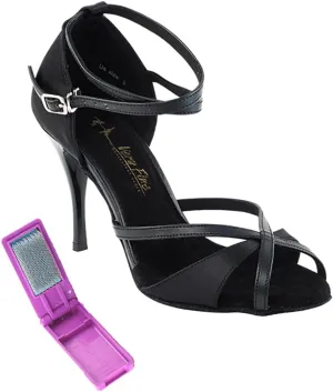 Very Fine Dance Shoes - Ladies Latin, Rhythm, Salsa, Waltz Ballroom Dance Shoes - 2829LEDSS - 3.5-inch Heel and Foldable Brush Bundle - Black Satin - Black Trim - 6