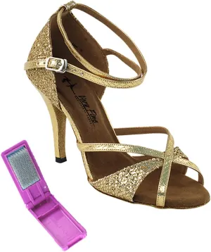 Very Fine Dance Shoes - Ladies Latin, Rhythm, Salsa, Waltz Ballroom Dance Shoes - 2829LEDSS - 3.5-inch Heel and Foldable Brush Bundle - Snake Gold - Gold Sparklenet - 4.5