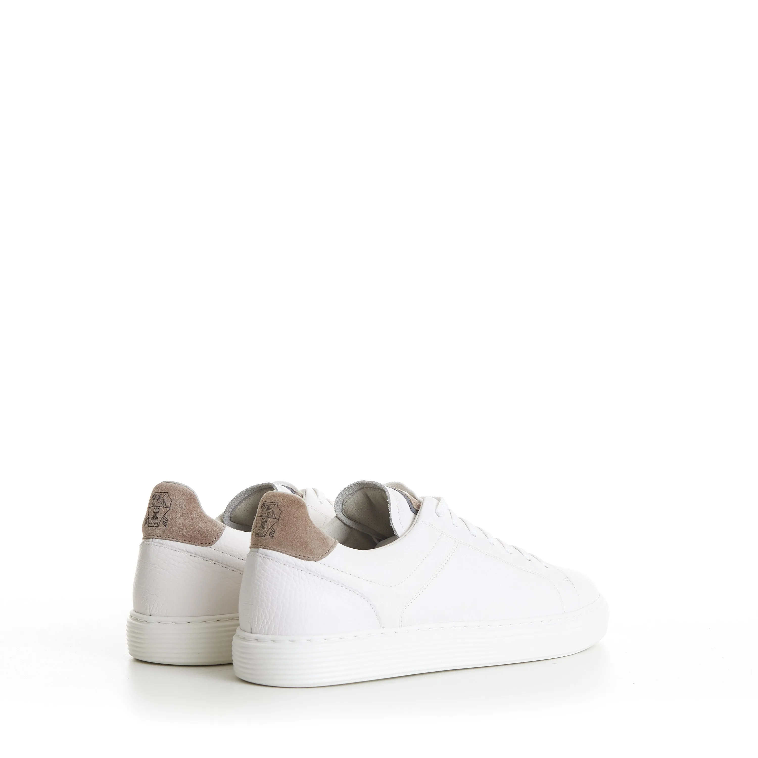 White Low-top Sneakers - Grained Leather, Rubber Sole, Suede-Trim