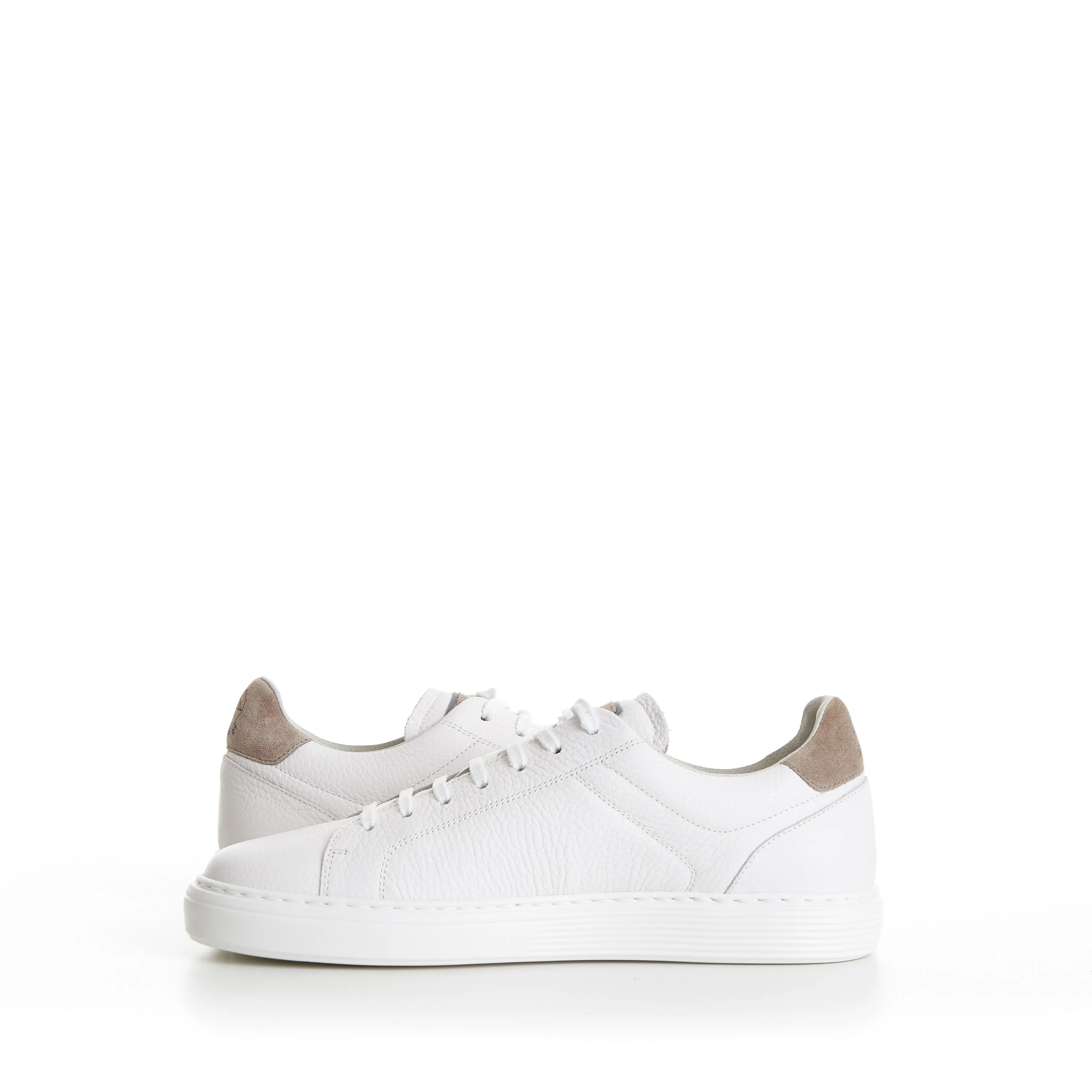 White Low-top Sneakers - Grained Leather, Rubber Sole, Suede-Trim
