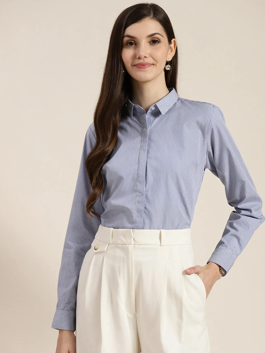 Women Blue & White Striped Pure Cotton Regular Fit Formal Shirt