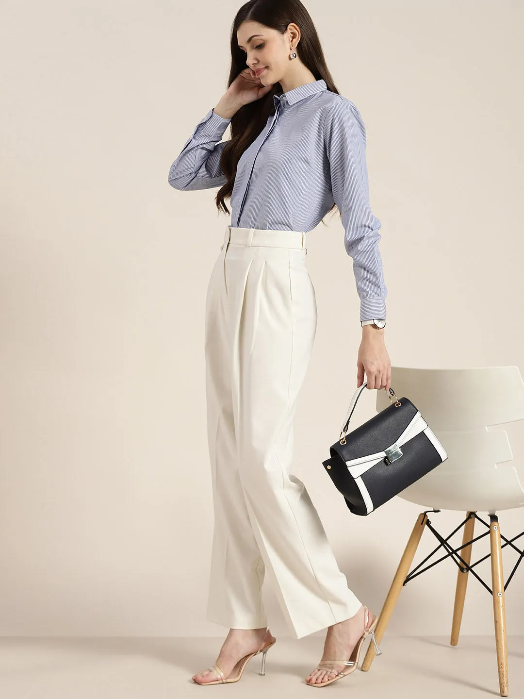 Women Blue & White Striped Pure Cotton Regular Fit Formal Shirt