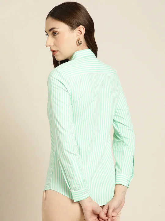 Women Light Green Striped Pure Cotton Slim Fit Formal Shirt