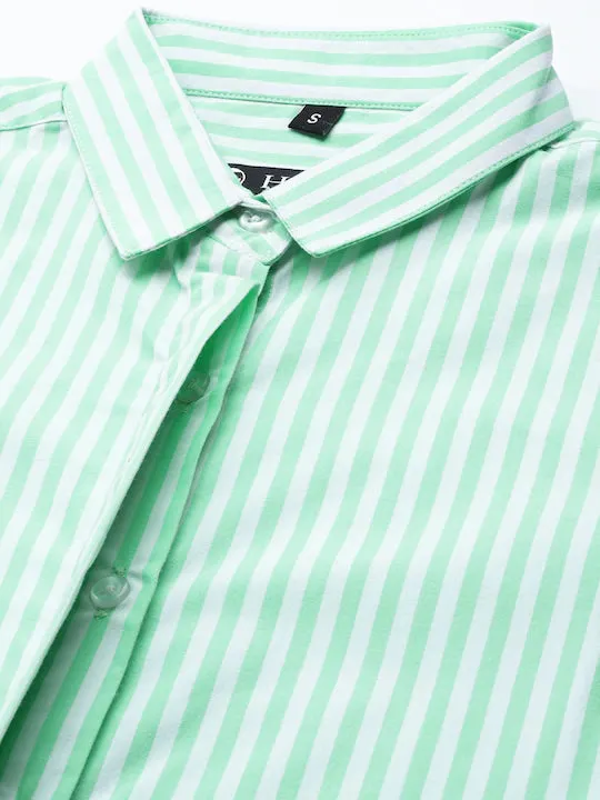 Women Light Green Striped Pure Cotton Slim Fit Formal Shirt