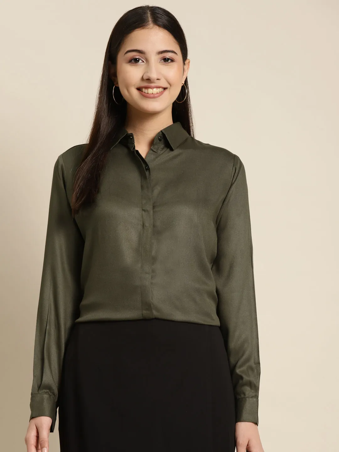 Women Olive Solid Viscose Rayon Regular Fit Formal Shirt