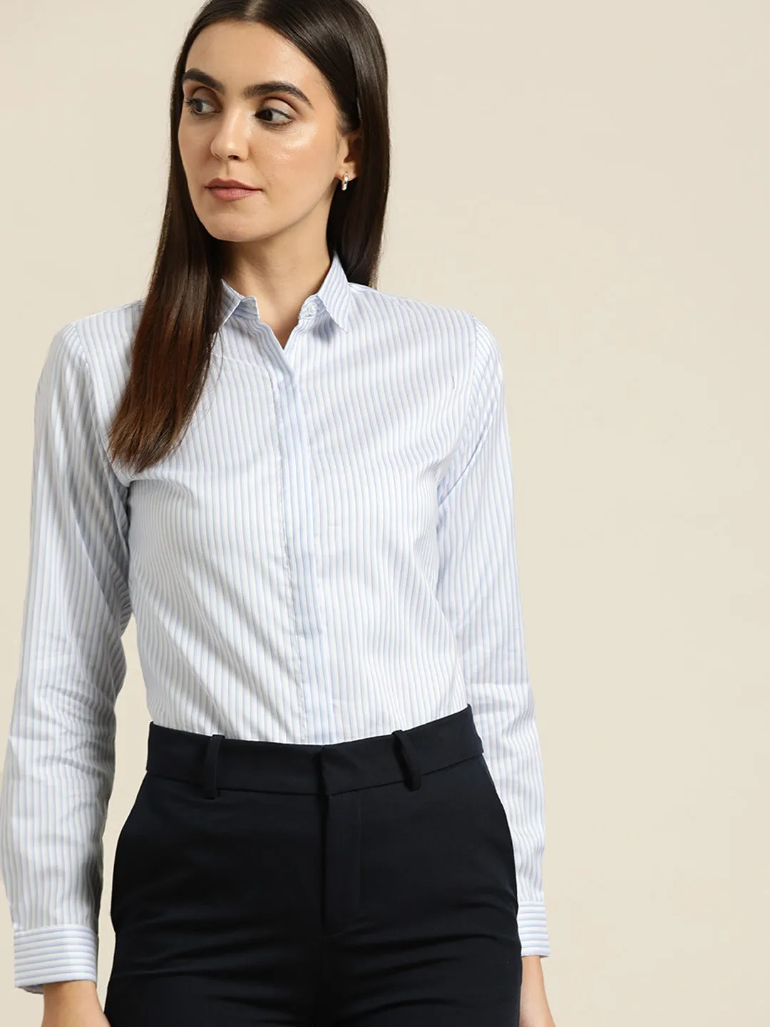 Women White & Blue Striped Cotton Slim Fit Formal Shirt