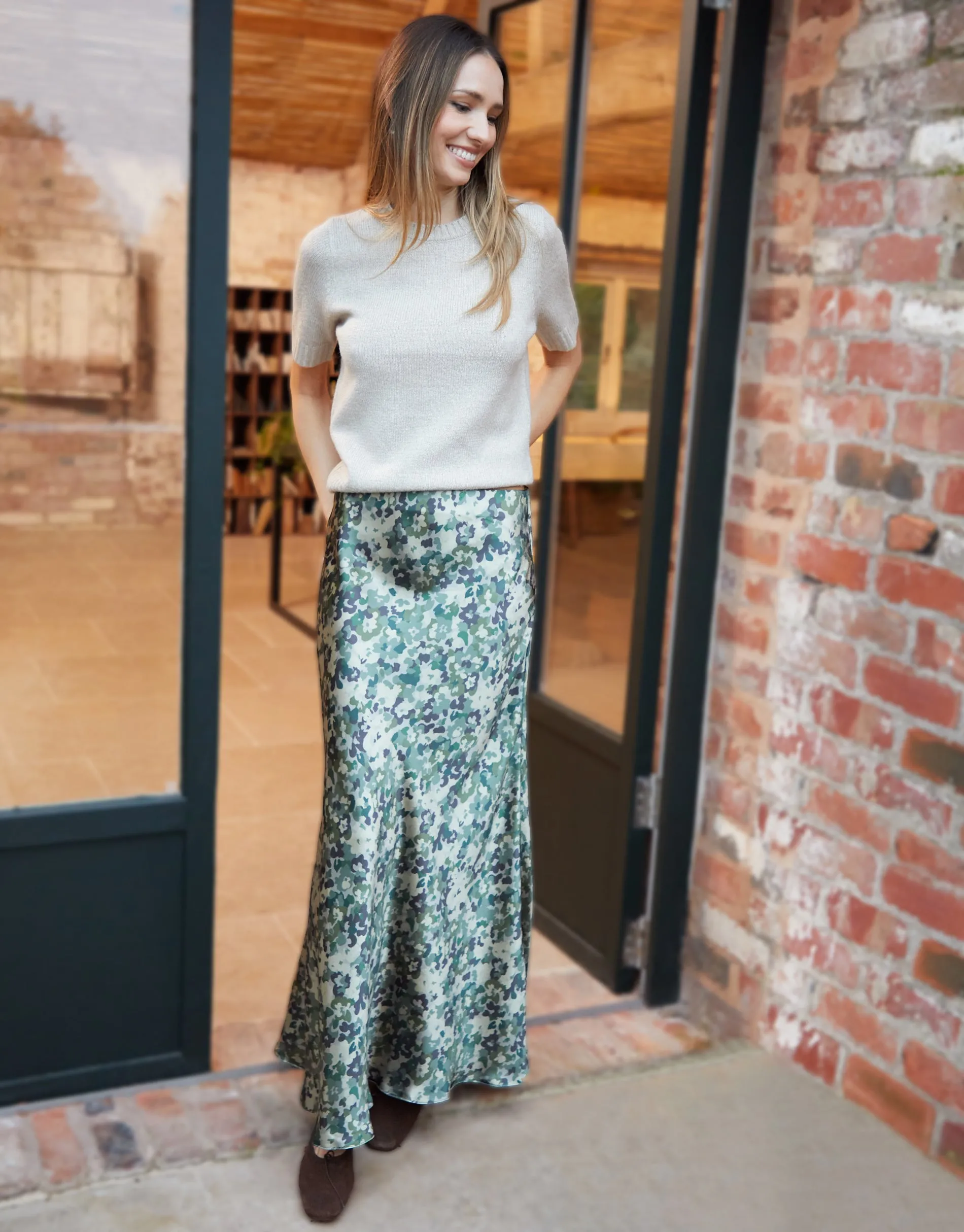 Women's Green Camo Print Maxi Satin Slip Skirt