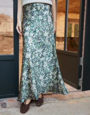 Women's Green Camo Print Maxi Satin Slip Skirt