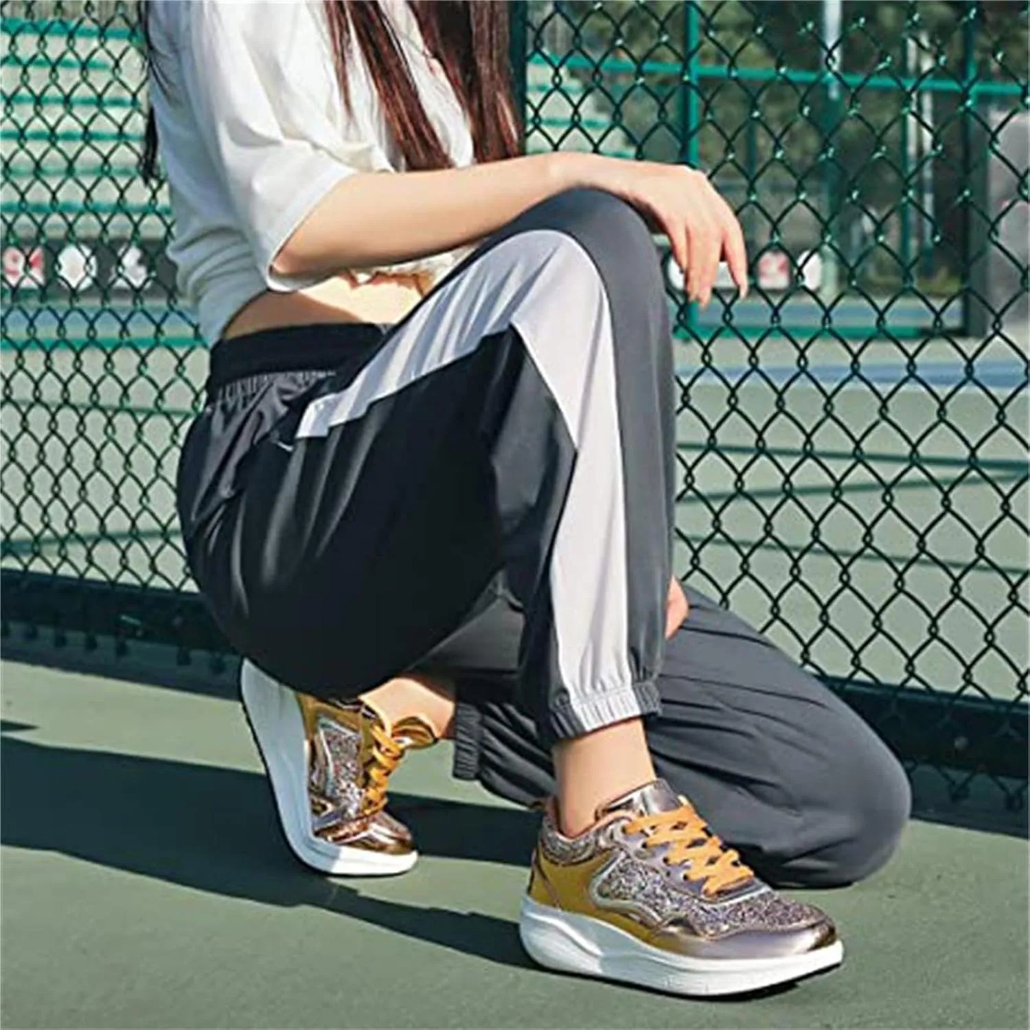 Women's Lace Up Inner Heightening Wedge Walking Shoe Sequins Fashion Sneakers Lightweight Non Slip Workout Shoes