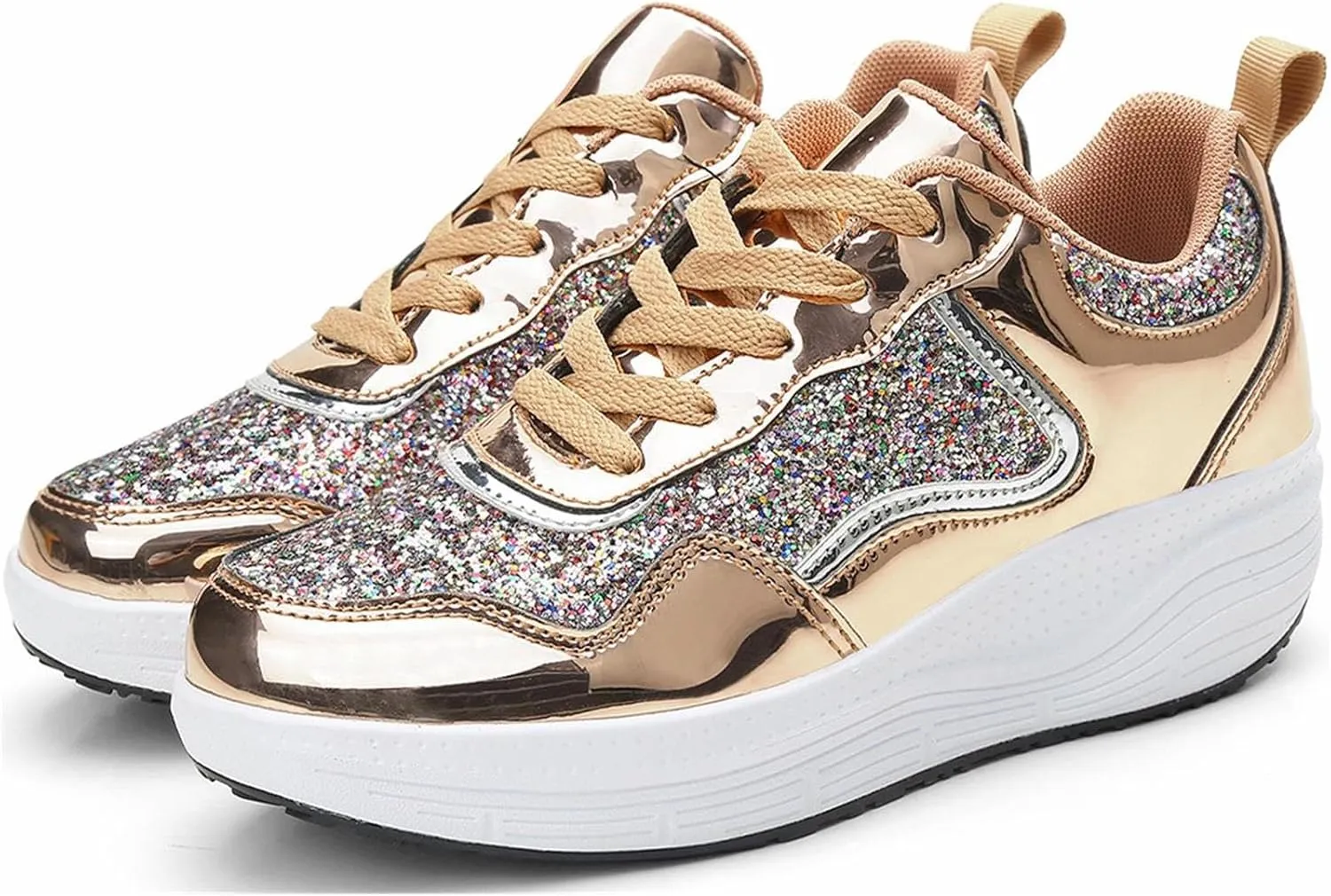 Women's Lace Up Inner Heightening Wedge Walking Shoe Sequins Fashion Sneakers Lightweight Non Slip Workout Shoes