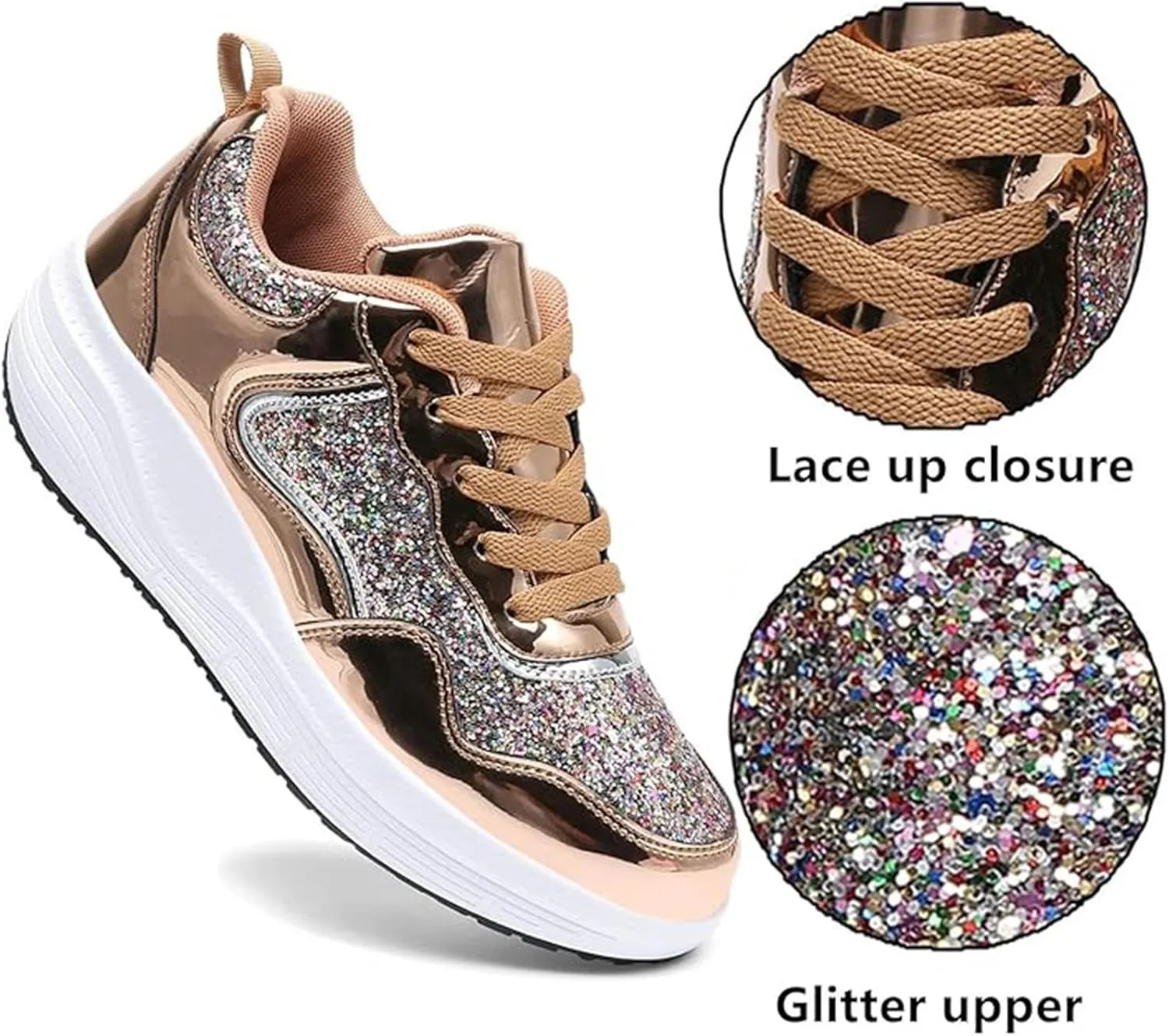 Women's Lace Up Inner Heightening Wedge Walking Shoe Sequins Fashion Sneakers Lightweight Non Slip Workout Shoes