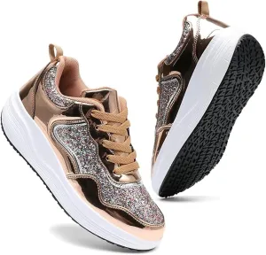 Women's Lace Up Inner Heightening Wedge Walking Shoe Sequins Fashion Sneakers Lightweight Non Slip Workout Shoes