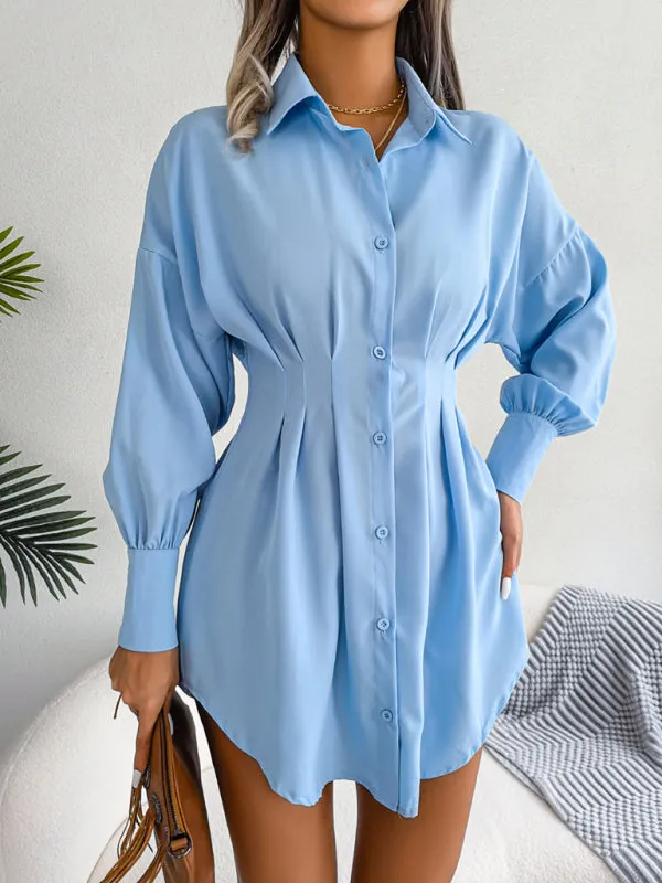 Women's Lantern Sleeve Cinched Waist Shirt Dress