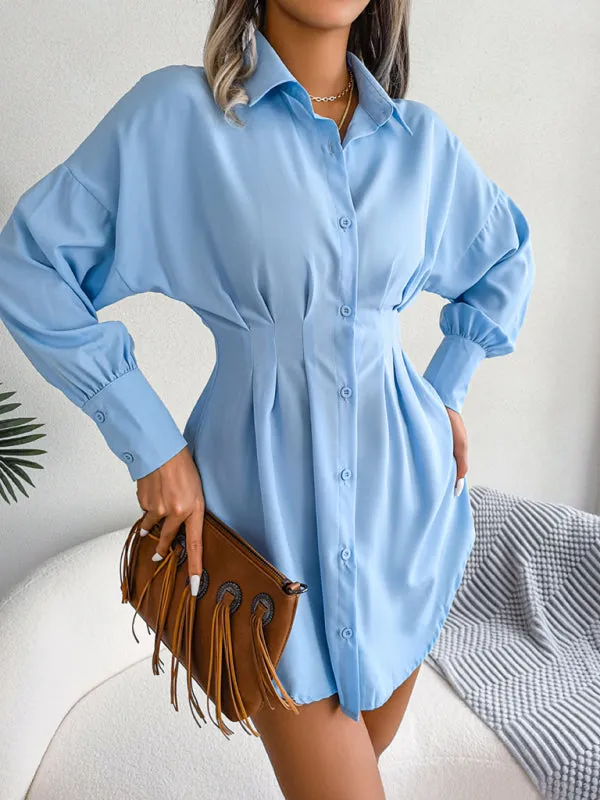Women's Lantern Sleeve Cinched Waist Shirt Dress