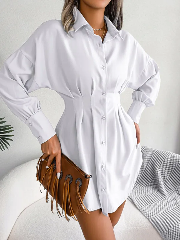 Women's Lantern Sleeve Cinched Waist Shirt Dress
