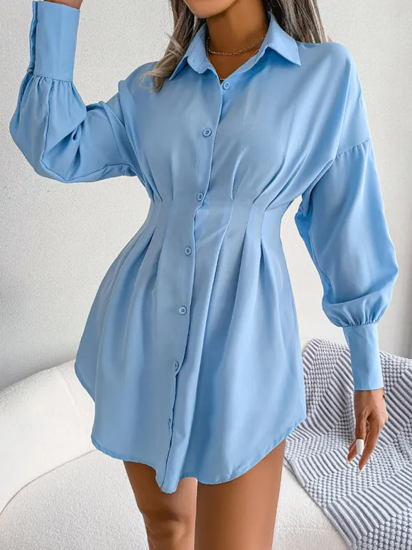 Women's Lantern Sleeve Cinched Waist Shirt Dress