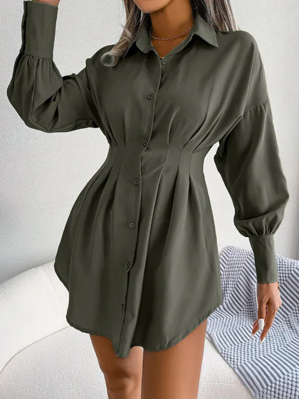 Women's Lantern Sleeve Cinched Waist Shirt Dress