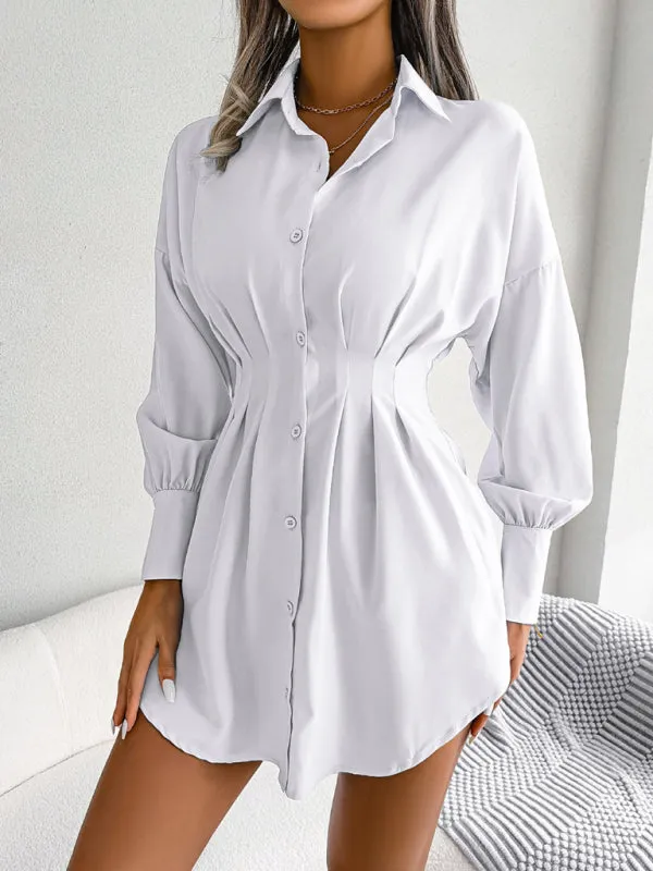 Women's Lantern Sleeve Cinched Waist Shirt Dress