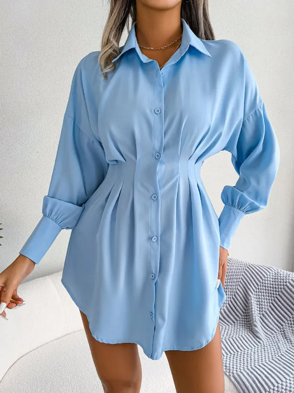 Women's Lantern Sleeve Cinched Waist Shirt Dress