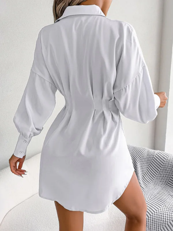 Women's Lantern Sleeve Cinched Waist Shirt Dress