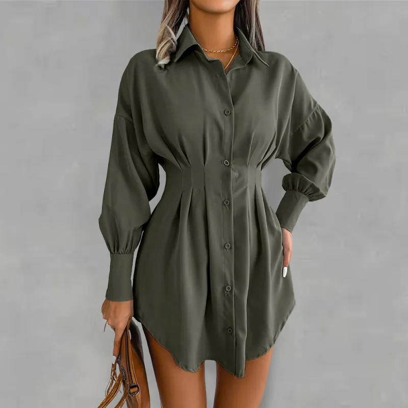Women's Lantern Sleeve Cinched Waist Shirt Dress