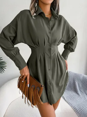 Women's Lantern Sleeve Cinched Waist Shirt Dress