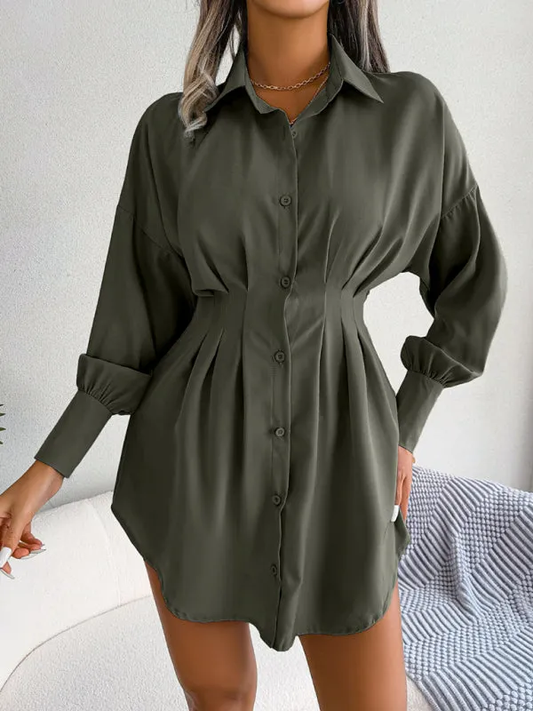 Women's Lantern Sleeve Cinched Waist Shirt Dress