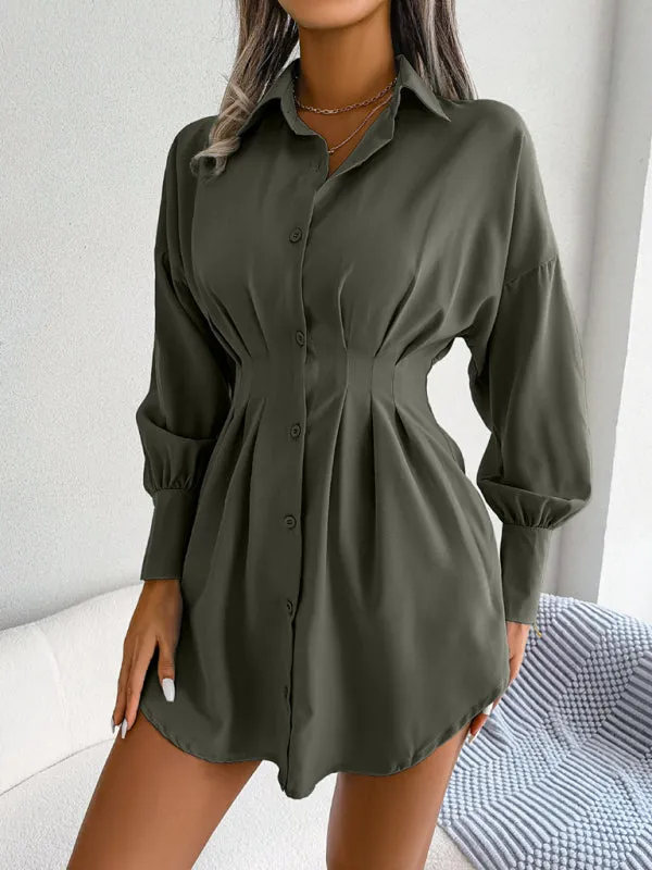 Women's Lantern Sleeve Cinched Waist Shirt Dress