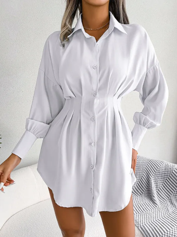 Women's Lantern Sleeve Cinched Waist Shirt Dress
