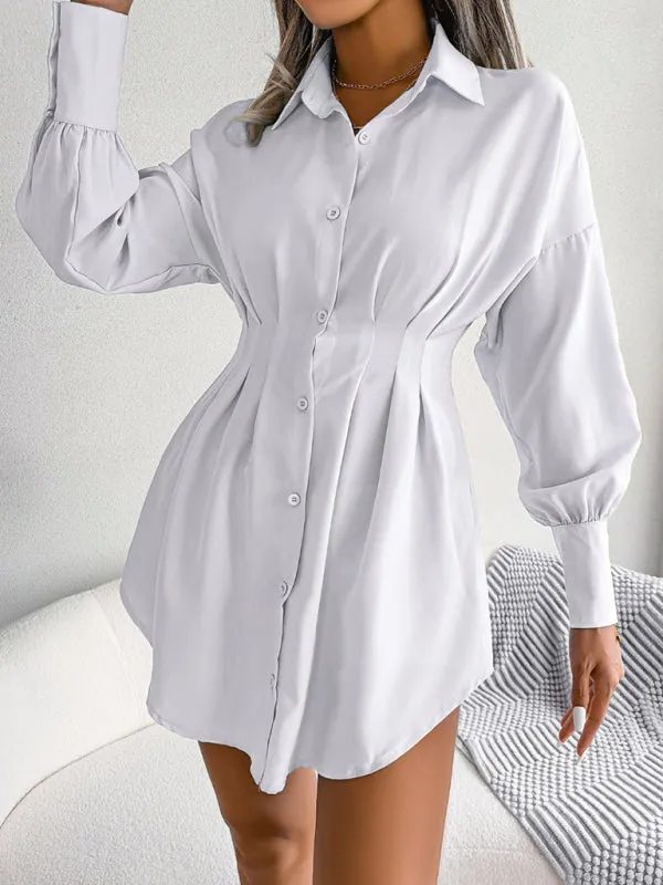 Women's Lantern Sleeve Cinched Waist Shirt Dress