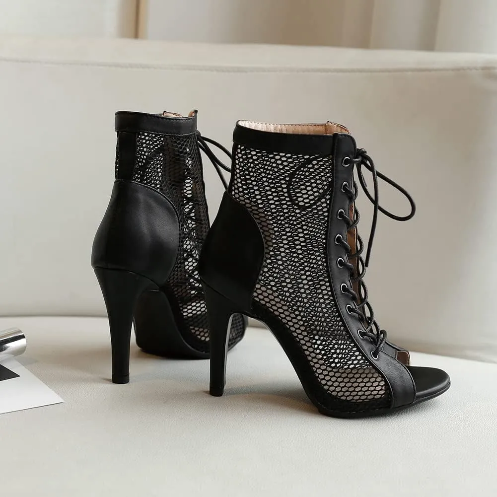 Women's Mesh Stitched Leather Cross Lacing Tall Ballroom Shoes Latin Salsa Jazz Performence Shoes,Model K92