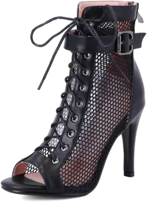 Women's Mesh Stitched Leather Cross Lacing Tall Ballroom Shoes Latin Salsa Jazz Performence Shoes,Model K92