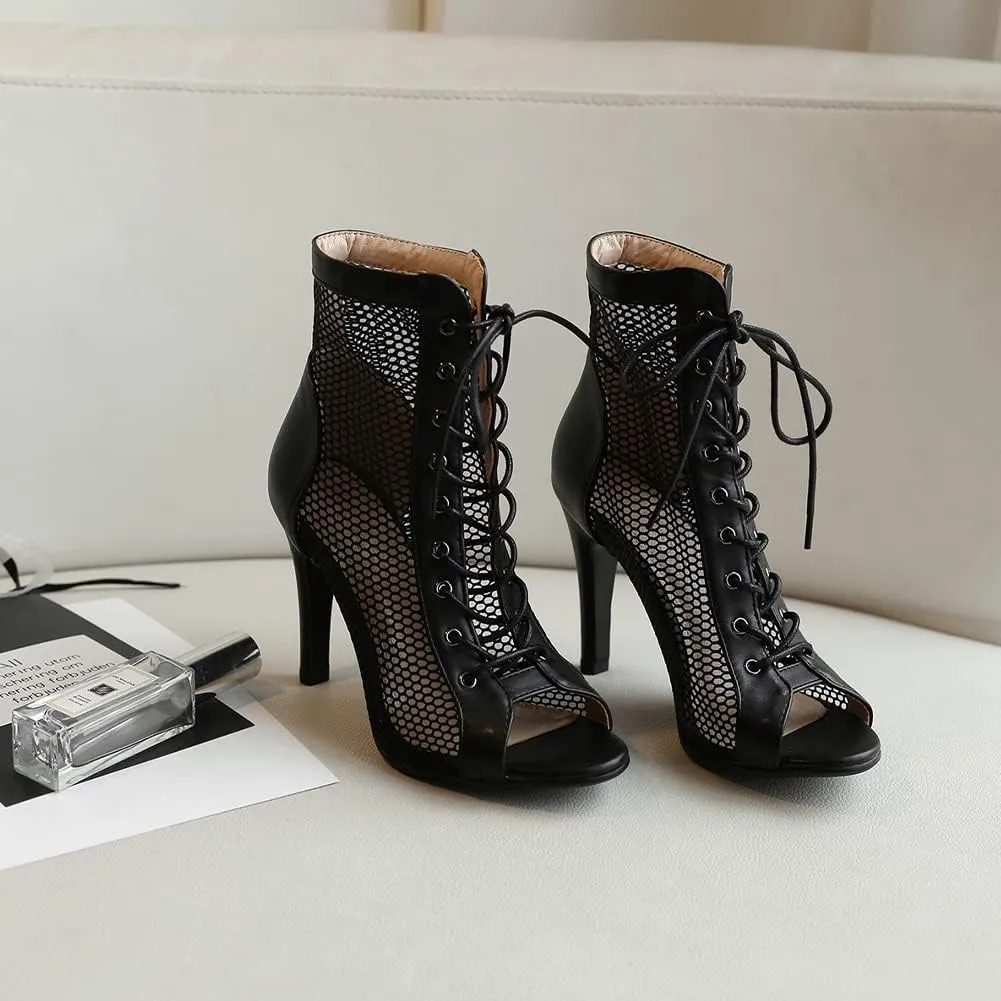 Women's Mesh Stitched Leather Cross Lacing Tall Ballroom Shoes Latin Salsa Jazz Performence Shoes,Model K92